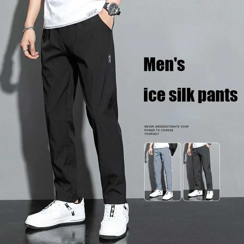 Ice Silk Men's Pants 2026 Summer New Black Gray Thin Business Casual Pants Outdoor Elastic Breathable Straight Leg Sweatpants