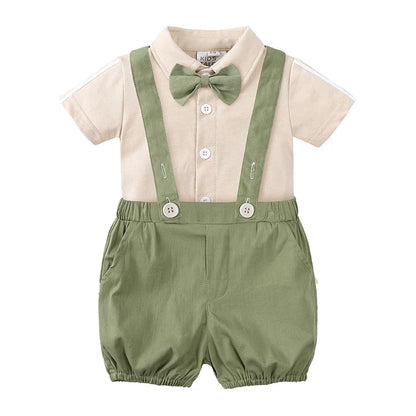 Infant Baby Boy Formal Outfit Newborn Gentleman Clothes Toddler Suit Set Short Sleeve Romper Shirt+Pants+BowTie+Suspender Shorts
