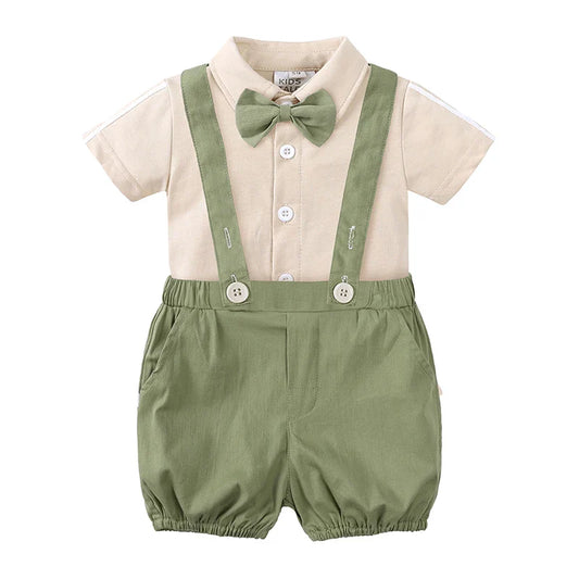 Infant Baby Boy Formal Outfit Newborn Gentleman Clothes Toddler Suit Set Short Sleeve Romper Shirt+Pants+BowTie+Suspender Shorts