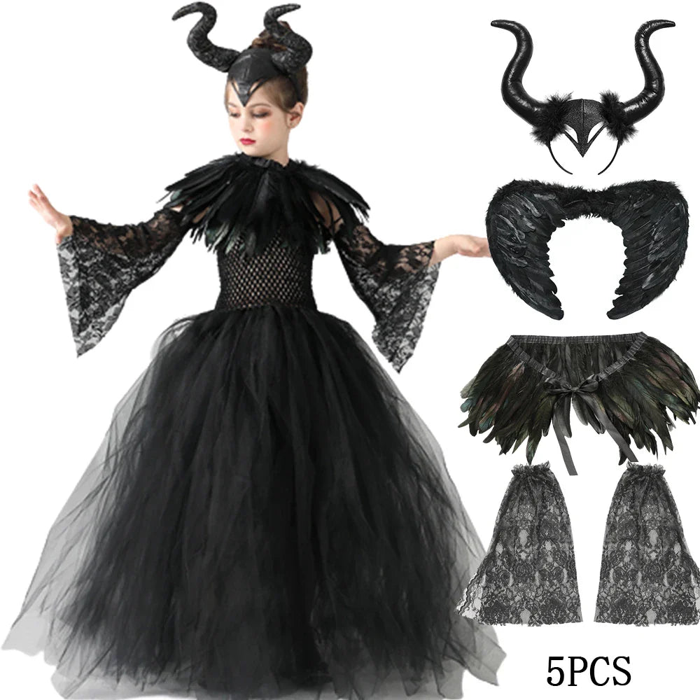 Halloween Maleficent Costume for Girls Evil Queen Dress Up Costumes Witch Devil Black Mesh Princess Dress Cosplay