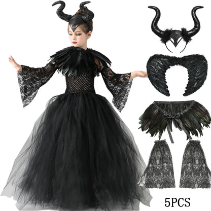 Halloween Maleficent Costume for Girls Evil Queen Dress Up Costumes Witch Devil Black Mesh Princess Dress Cosplay