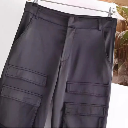 Women Fashion with Pockets Versatile High-waist Slim Multi-pocket Silk Satin Texture Straight Overalls