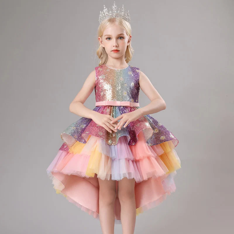 Children's Dress Trailing Princess Spot Pink Girls' June 1 Performance Summer New 2023 Lace Color Matching Mesh