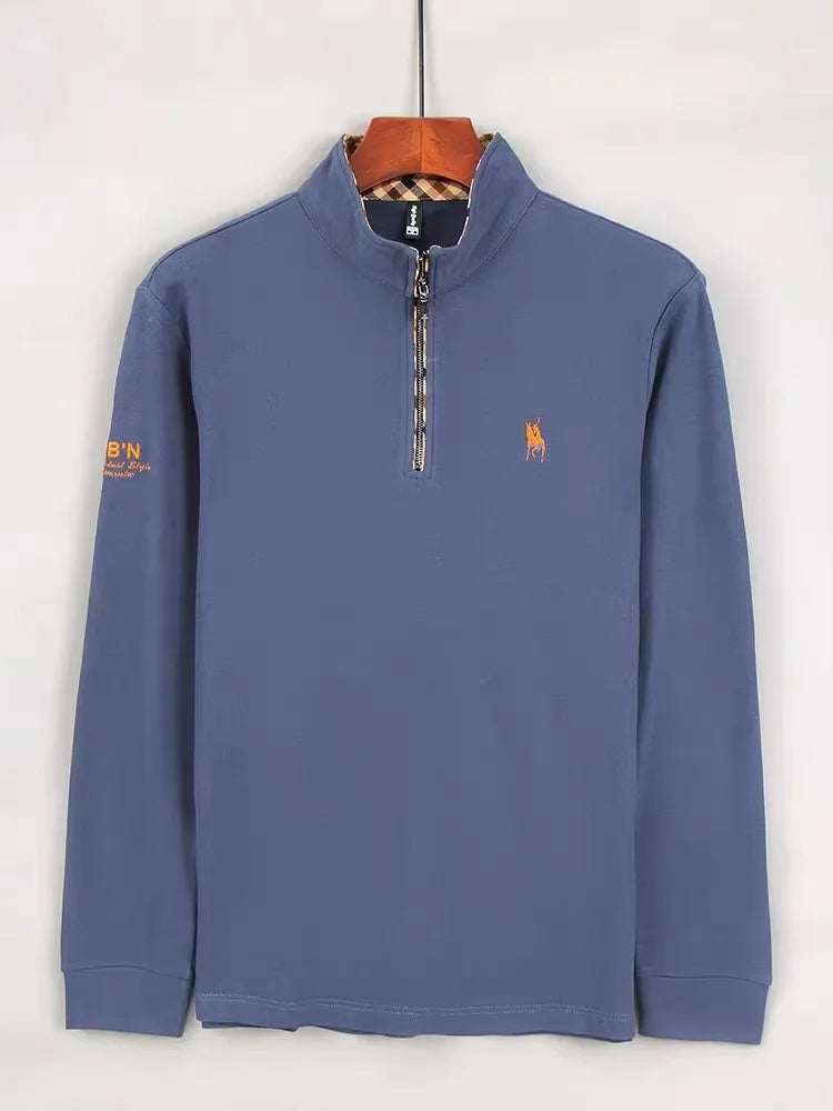 Luxury new Half Zipper Long Sleeve T-shirt 100% Cotton Brand Embroidered Stand Collar Men's Clothing Autumn Casual polo shirt