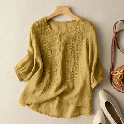 Elegant Women Embroidered Blouses Autumn 2024 3/4 Puff Sleeve Transparent Blusas Mujer Casual Vintage Cotton Shirts Tops