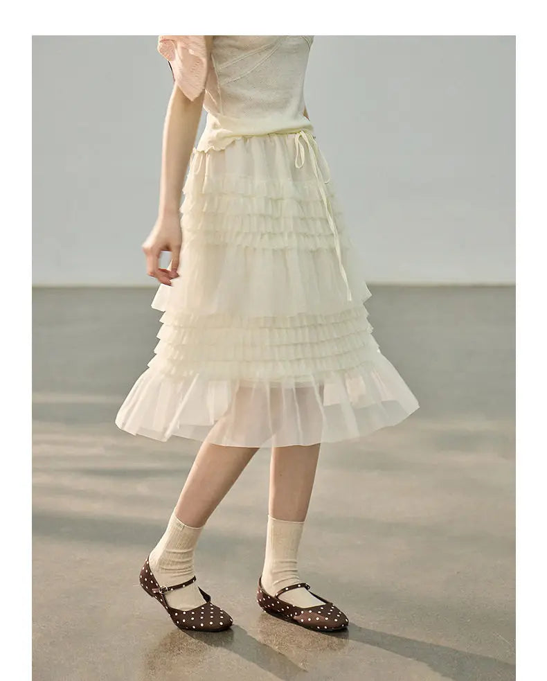 Korean Style Lace Elastic Waist Cake Skirt Mesh Puffy Skirt Women's Dress Knee Length Casual A-Line Skirt Micro Stretch No Slit