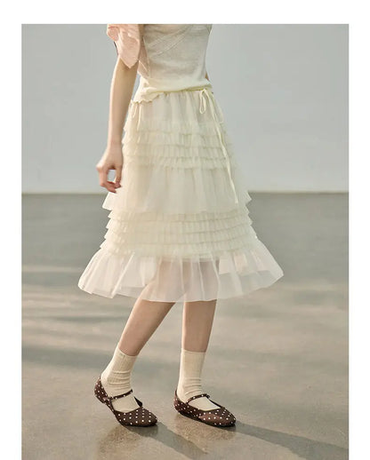 Korean Style Lace Elastic Waist Cake Skirt Mesh Puffy Skirt Women's Dress Knee Length Casual A-Line Skirt Micro Stretch No Slit