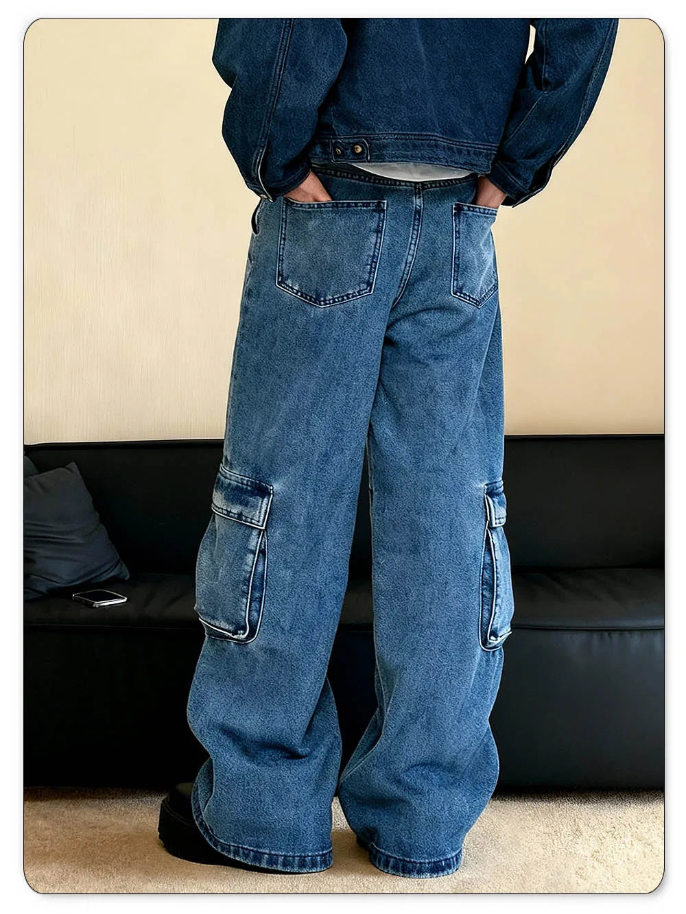 Men's Spring Blue Retro Washed Baggy Cargo Jeans Summer Male Multi Pocket Straight Tube Work Clothes Winter Denim Pants Clothes