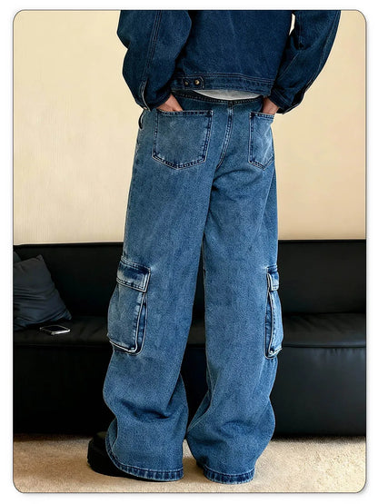 Men's Spring Blue Retro Washed Baggy Cargo Jeans Summer Male Multi Pocket Straight Tube Work Clothes Winter Denim Pants Clothes