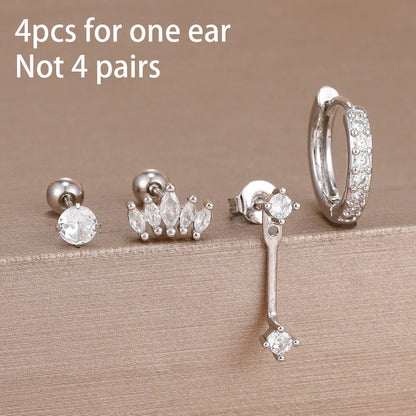 4PCS Stainless Steel Circle Huggie Hoop Earrings Set for Women Gold Color Unique Zircon Flower Stud Earring Piercing Jewelry