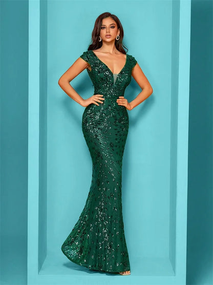 Elegant Cap sleeve Green Formal Sequins Evening Dress Women 2025 Luxury Long Mermaid V-neck Prom Graduation Party Gowns