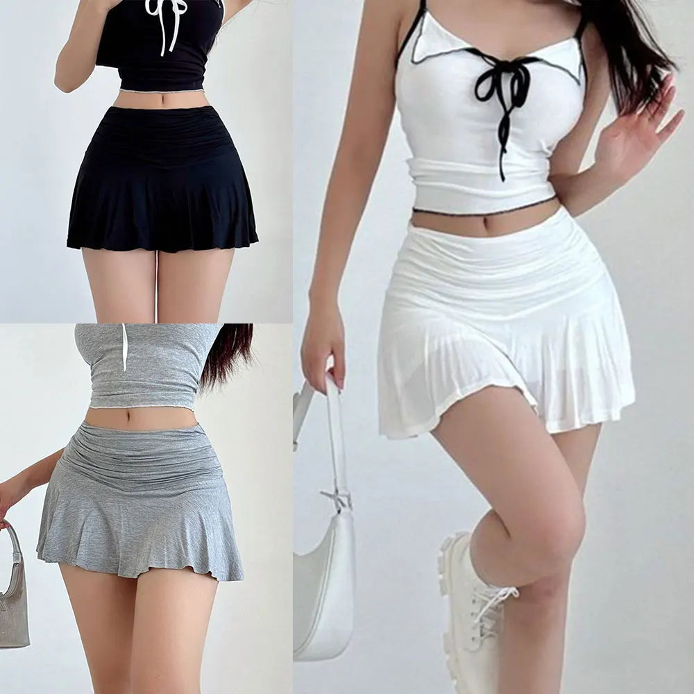 Sweet Pleated Super Mini Skirt Fashion Versatile Black Low-Waisted Skirts Tennis Dance Fitness Short Skirts Women Summer Skirts