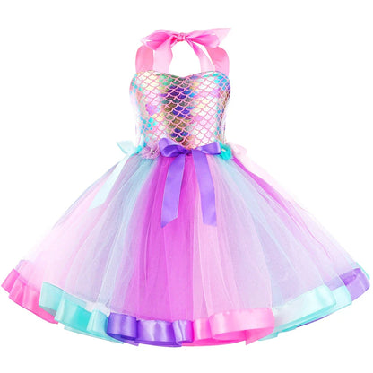 Girls Mermaid Tutu Dress Under the Sea Theme Birthday Party Halloween Cosplay Costumes with Flower Headband