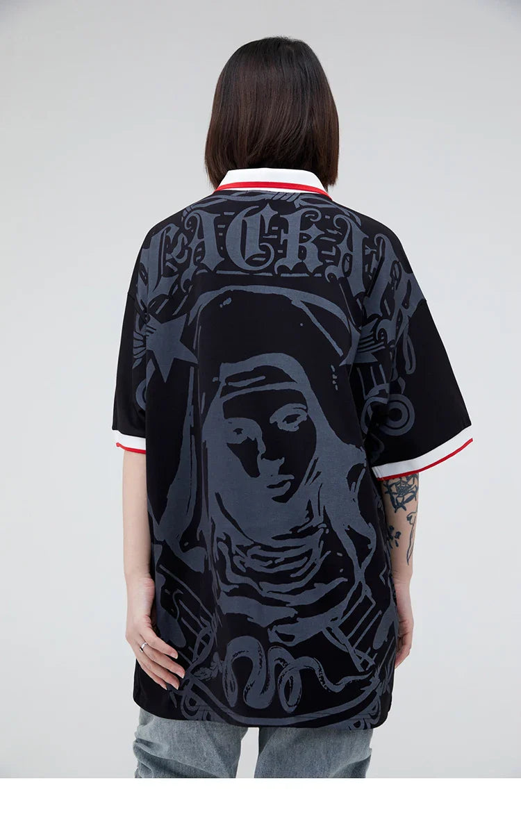 Hip Hop Streetwear Polo T-Shirt Virgin Mary Graphic T Shirt Men Polo Shirt Short Sleeve Harajuku Cotton Tops Tees Red Grey