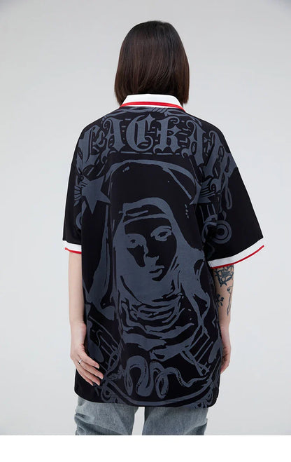 Hip Hop Streetwear Polo T-Shirt Virgin Mary Graphic T Shirt Men Polo Shirt Short Sleeve Harajuku Cotton Tops Tees Red Grey