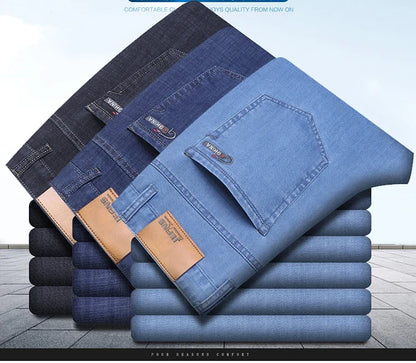 Denim Jeans For Men Blue Straight Stretch Cotton Pants Business Casual Lightweight Trousers Spring Summer