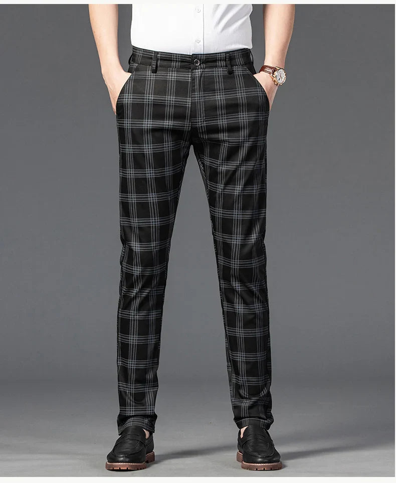 Brand Clothing Mens Casual Pants Fashion Plaid Classic Business Formal Trousers Elastic Straight Social Luxury Suit Pants