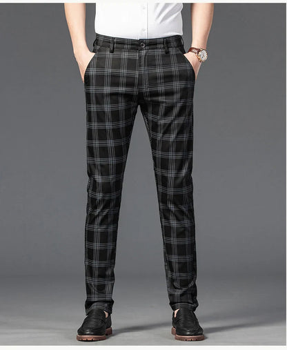 Brand Clothing Mens Casual Pants Fashion Plaid Classic Business Formal Trousers Elastic Straight Social Luxury Suit Pants