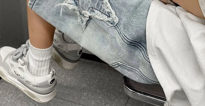 Star Patchwork Yellow Clay Color Jeans Summer Men Denim Shorts Trendy Streetwear Five-point Pants Straight Jeans Shorts