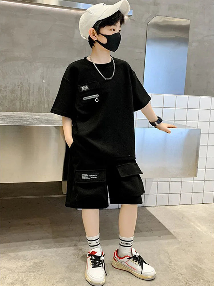 Summer Kids Boys T-Shirt+Shorts 2-Piece Set Letter Printing New Children Teen Loose Comfortable Sports Casual Clothes For 4-14 Y