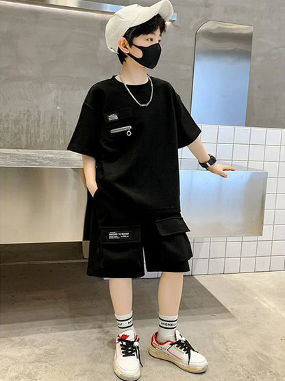 Summer Kids Boys T-Shirt+Shorts 2-Piece Set Letter Printing New Children Teen Loose Comfortable Sports Casual Clothes For 4-14 Y