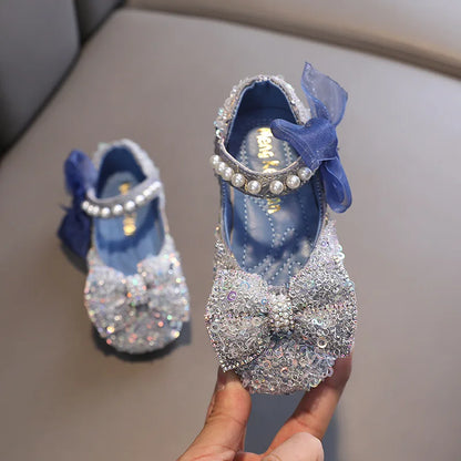 Toddler Girl's Princess Shoes Sequins Lace Bowknot 21-36 Children Mary Janes Three Colors Luxury Trendy Party Kids Shoes Flats