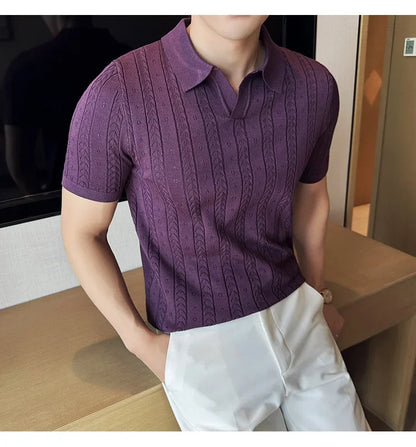 Men's Polo Shirt, Striped Jacquard Knit Short Sleeve, T-shirt V-neck Solid Color Elastic Top 2024. M-3XL,Summer Purple Thin