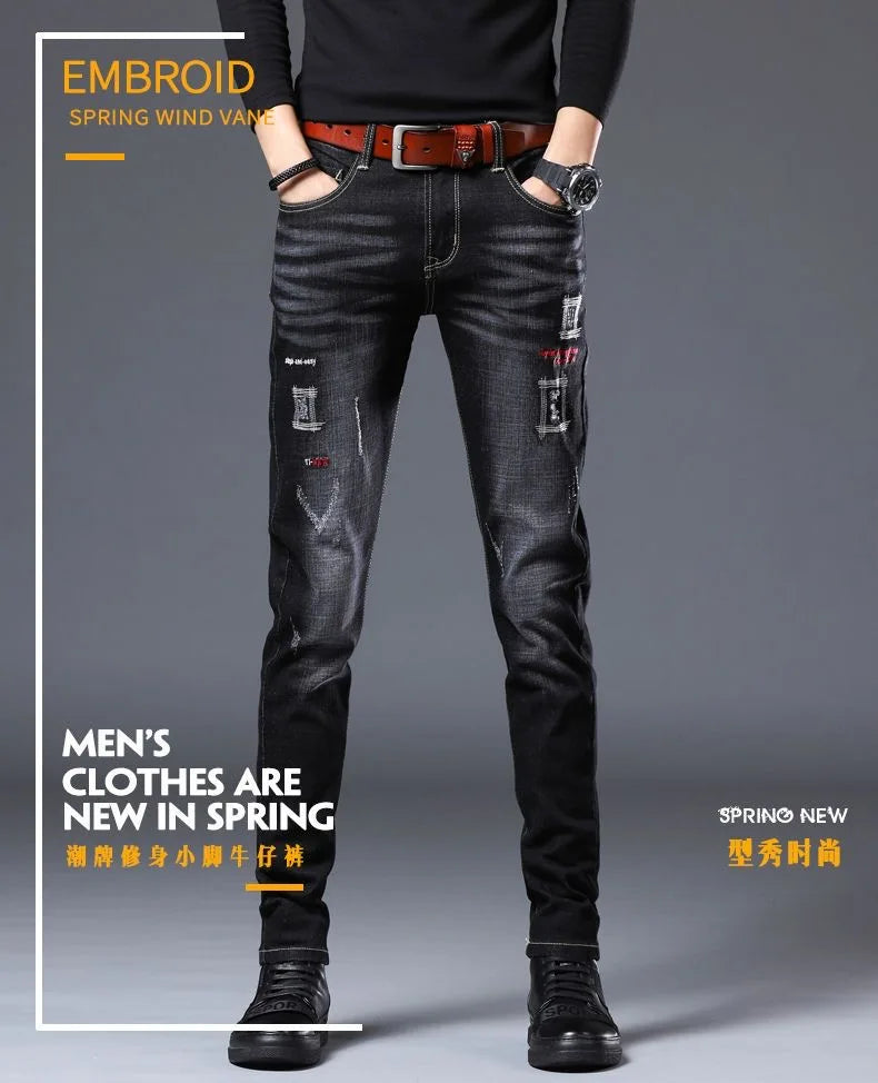 2023 Spring and Autumn New Fashion Trend Ripped Denim Pants Men's Casual Slim Comfortable Breathable High Quality Stretch Pants