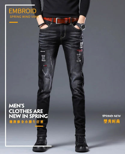 2023 Spring and Autumn New Fashion Trend Ripped Denim Pants Men's Casual Slim Comfortable Breathable High Quality Stretch Pants