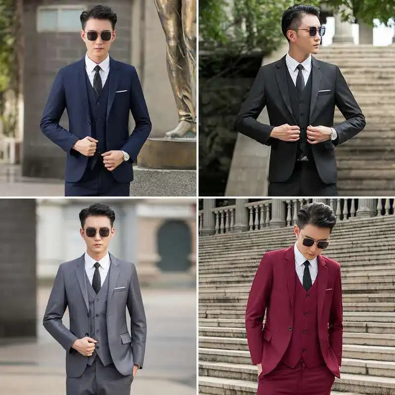 Man Three-piece Sets Fashion Turn Down Collar Coat+Single-breasted Vest+Pant Male Outfit Solid Color Business Wedding Men Suit