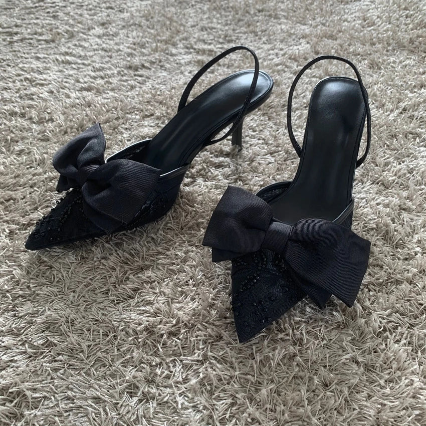 New Designer Thin High Heels Women Bow String Bead Pointed Slingback Mules Pumps Mesh Embroider Elegant Dress Sandals Female