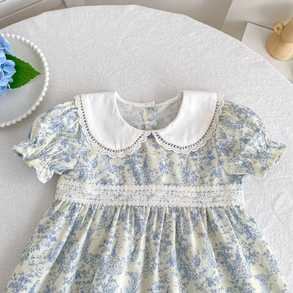 2026 Novo Vestido de Verão para Meninas Crianças 2-6 Anos Vestido de Manga Curta Bufante Estampa Floral Gola Franzida Algodão Doce