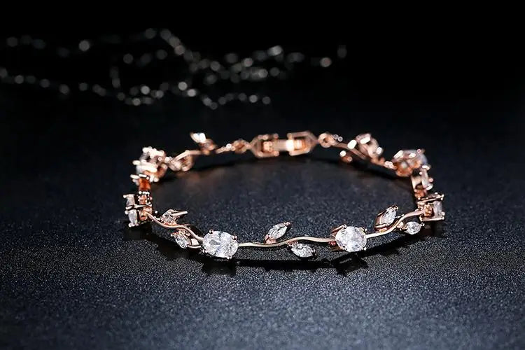 Rose Gold Color Leaf Chain & Link Bracelet with Red + Green AAA Zircon for Mother Gifts Jewelry JIB072