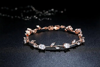 Rose Gold Color Leaf Chain & Link Bracelet with Red + Green AAA Zircon for Mother Gifts Jewelry JIB072
