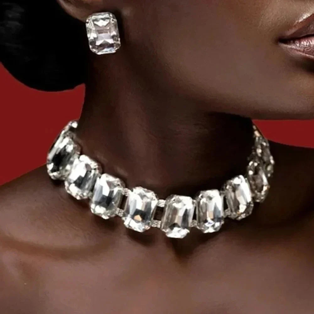 Bride Crystal Necklace Earrings Set Bridesmaid Wedding Jewellry Two Pieces Choker Necklace Prom Costume Jewelry Sets