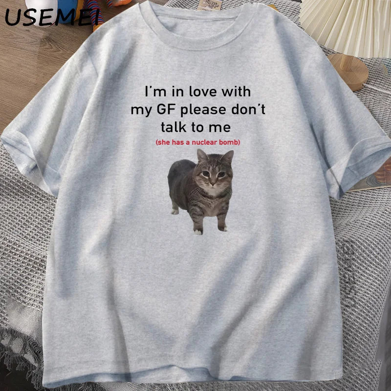 Asian size Funny Cat T-shirts Boyfriends Cotton O-Neck Oversized Tee Men's Short Sleeve T-shirt Couple Tees