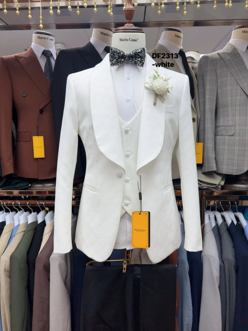 Conjunto de terno jacquard branco completo 3 peças para homens Conjuntos de noivo de casamento Terno masculino elegante com lapela xale Smoking de festa P-3XG