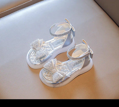 Girls Princess Sandals 2026 Summer New Baby Sparkly Rhinestones Bow Shoes Fashion Non-slip Flat Children's Sandals Boots I05257