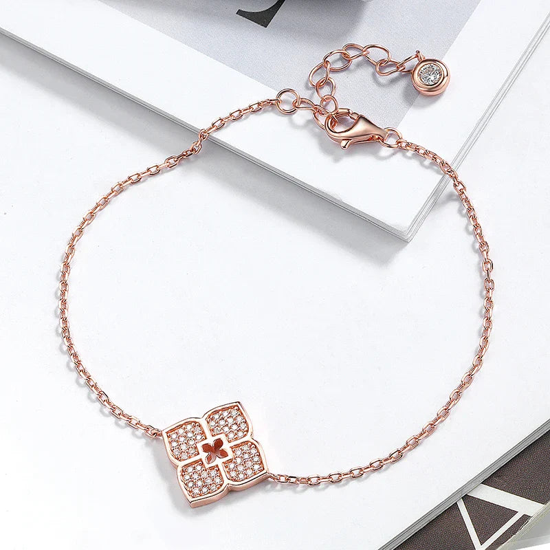 Lucky Clover Full Moissanite Link Bracelet Women S925 Silver Pear Cut Lab Diamond Bridal Adjustable Dainty Hand Chain Gift