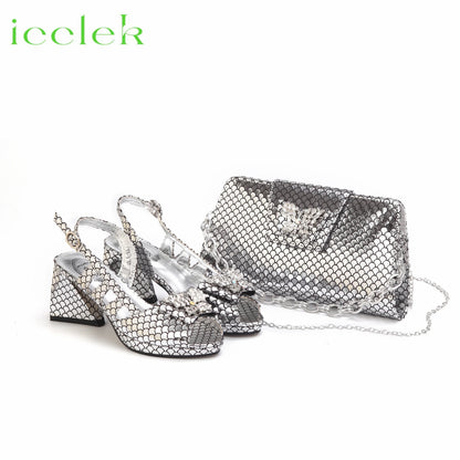 Italian Hollow Design Shoes Matching Bag in Coffee Color Comfortable Heels Ladies Sandals for Party