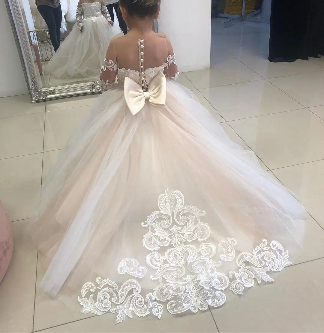 Children's First Communion Ball Gown Wedding Party Bridesmaid Dress Kids 3-9 Years Lace Tulle Flower Girl Dress Up Buttons Bows