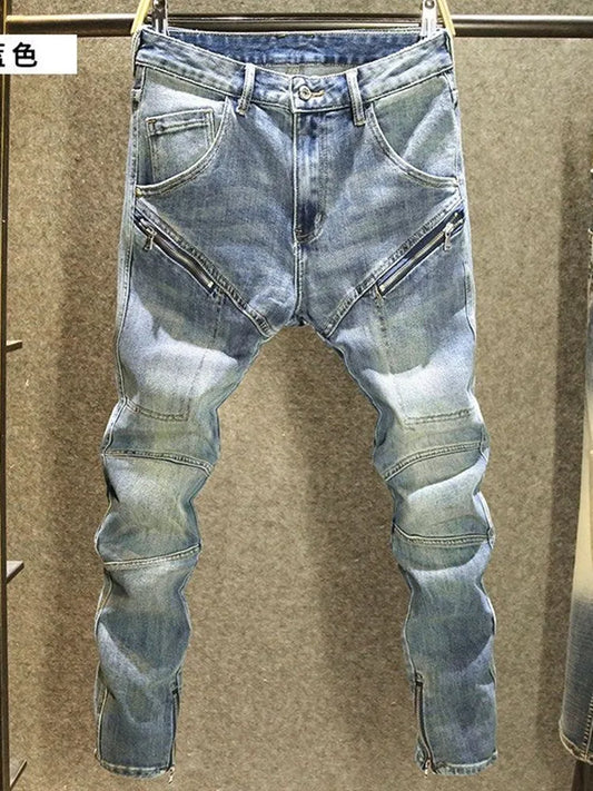 2024 Spring and Autumn New Fashion Blue Patchwork Denim Pants Men's Casual Slim Comfortable Breathable High-Quality Jeans 28-36