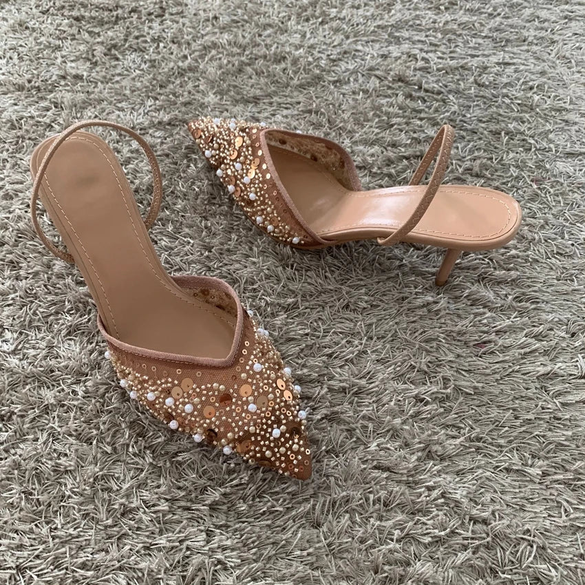 Luxury Fashion Bling String Bead Mesh High Heels Women Sexy Pointed Toe Breathable Heeled Sandals Elegant Slingbacks Women Pumps