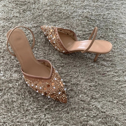 Luxury Fashion Bling String Bead Mesh High Heels Women Sexy Pointed Toe Breathable Heeled Sandals Elegant Slingbacks Women Pumps