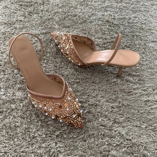 Luxury Fashion Bling String Bead Mesh High Heels Women Sexy Pointed Toe Breathable Heeled Sandals Elegant Slingbacks Women Pumps