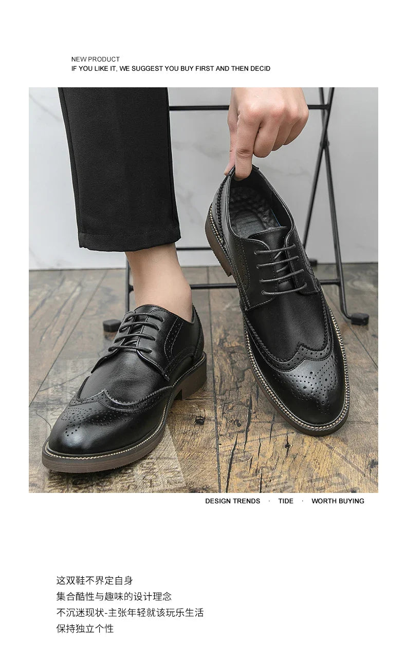 Retro leather shoes - men's brook engraved lace-up British business formal soft-soled fashionable casual trendy shoes