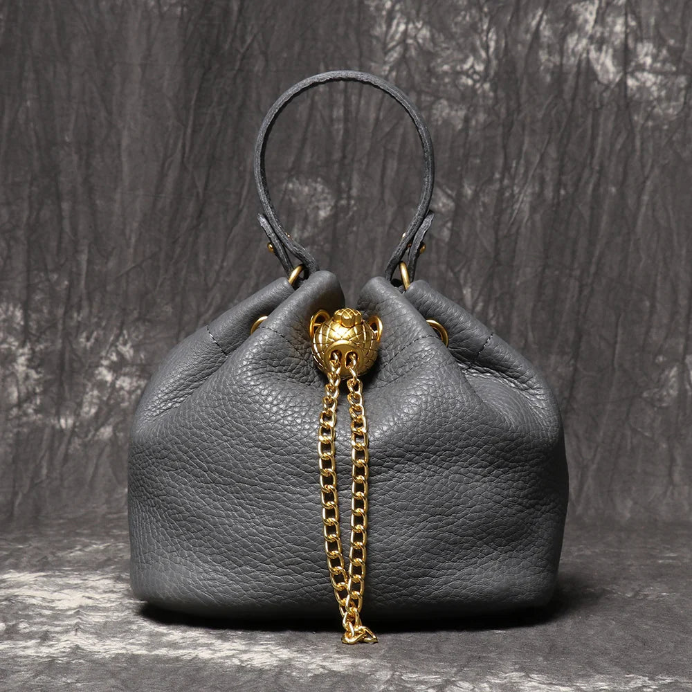 Metal Drawstring Versatile Women's Handbag Genuine Leather Chain Crossbody Bag Vintage Bucket Bag Mobile Phone Bag