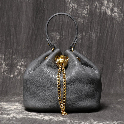 Metal Drawstring Versatile Women's Handbag Genuine Leather Chain Crossbody Bag Vintage Bucket Bag Mobile Phone Bag