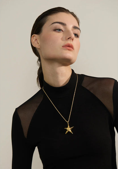 316L Stainless Steel Starfish Pendant Necklace Rust Proof Statement 18K Gold PVD Plated Individualistic Holiday Jewelry