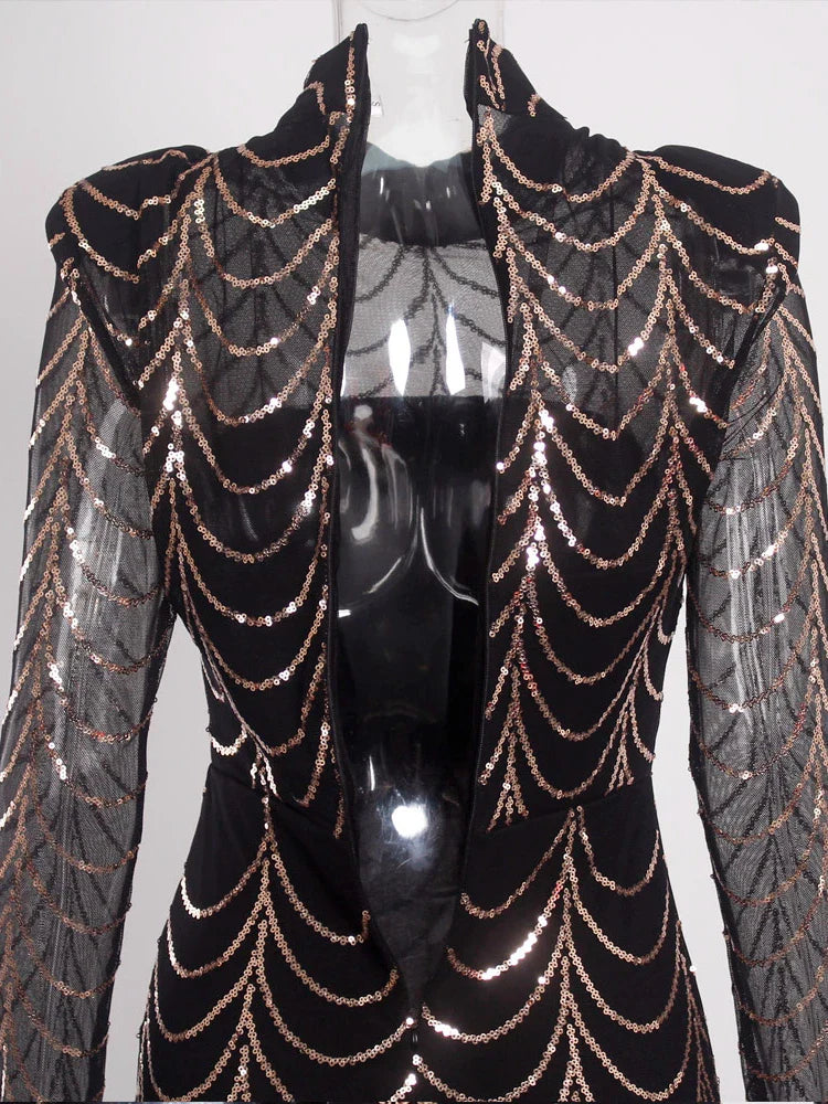 Vestido Formal Longo de Festa com Lantejoulas, Manga Comprida, Gola O Alta, Ombreiras, Forro Comprido, Vestido de Noite para Festa